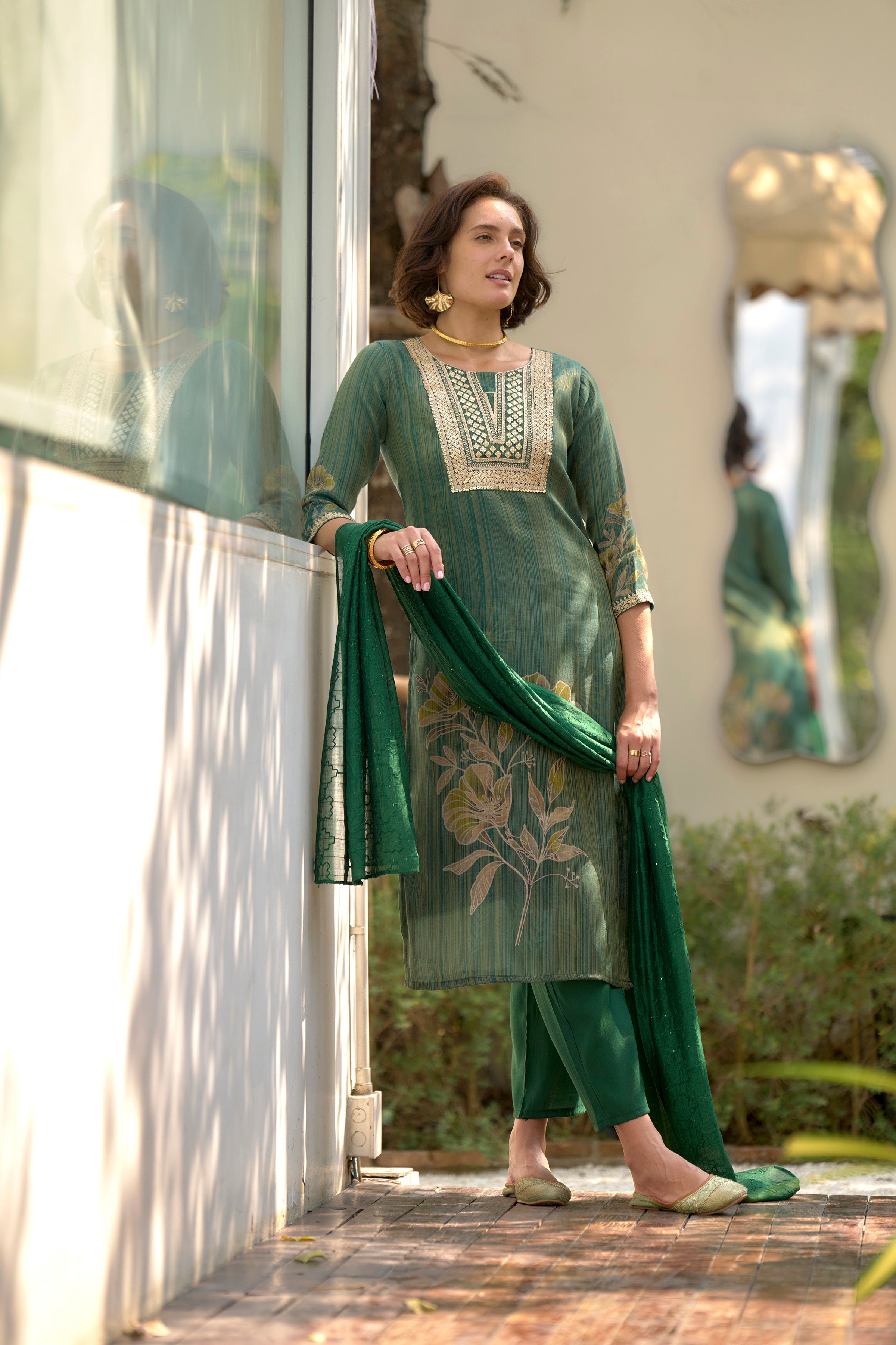 Green Floral Tissue Kurti Set with 3/4 Sleeves and Viscose Pocket Pant with Dupatta